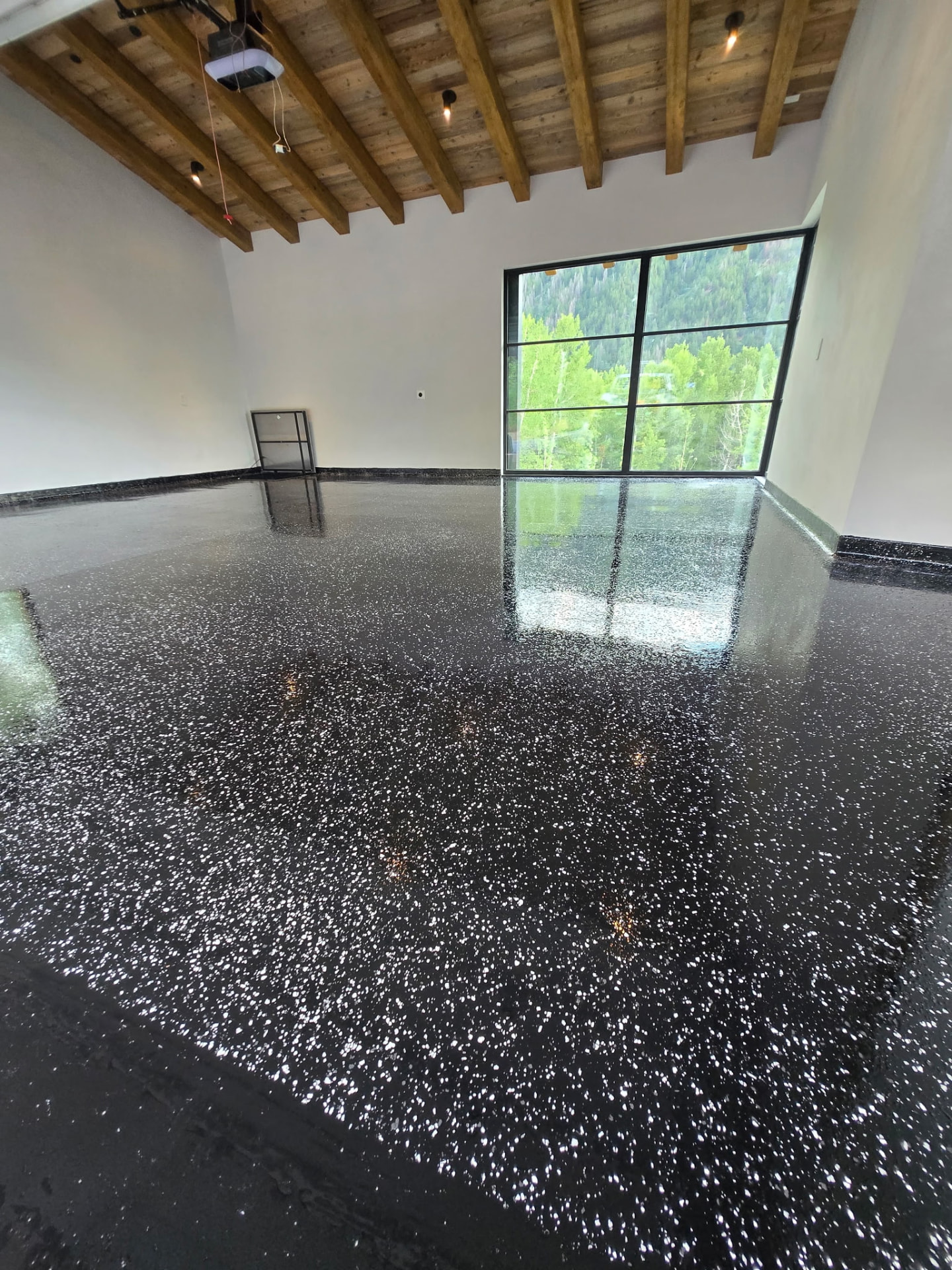 Residential garage with black epoxy flake floor and mountain view